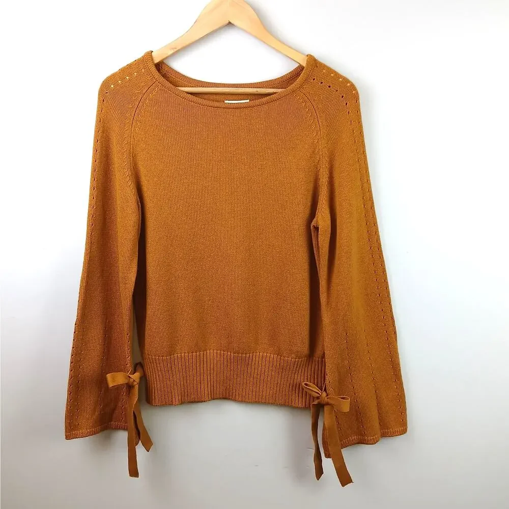 Sundance SZ M Aryka Wool-Cotton Blend Sweater Bell Sleeves With Ties Gold